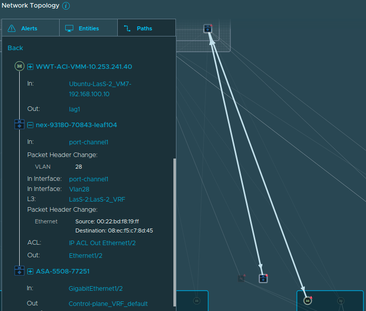 An example of access control contract on the Cisco ACI device displayed in the path search of the Network Map.