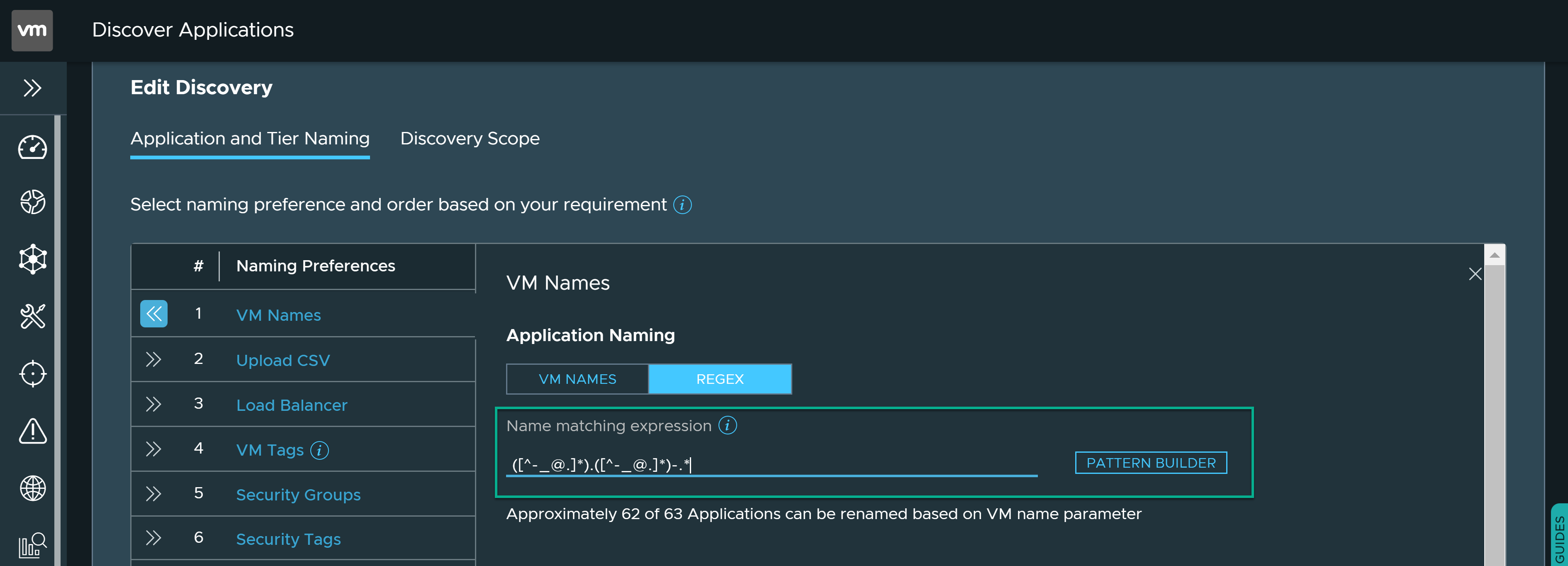 The user interface to apply regular expressions or use the pattern builder to build application and tier names.