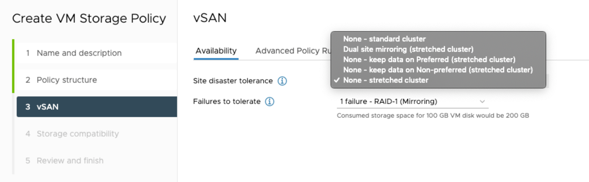 The screenshot shows options available for Site disaster tolerance.