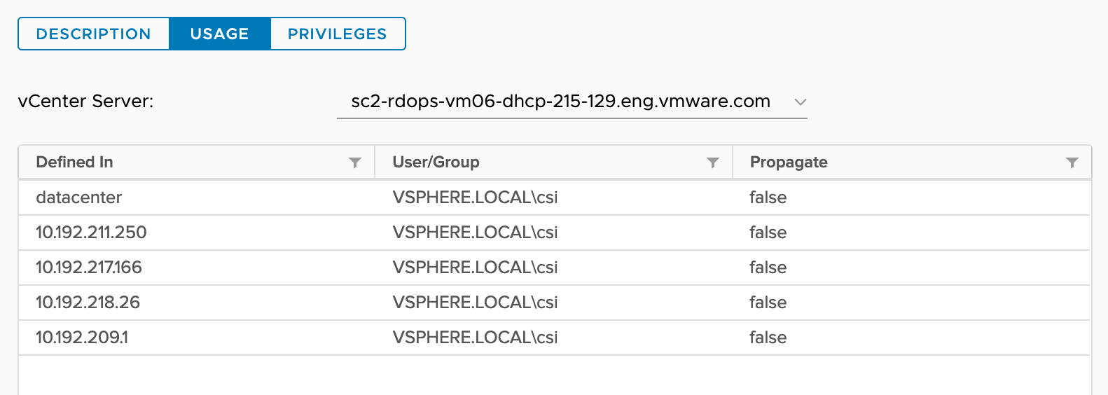 The screenshot shows the ReadOnly role assignment for vSphere objects.