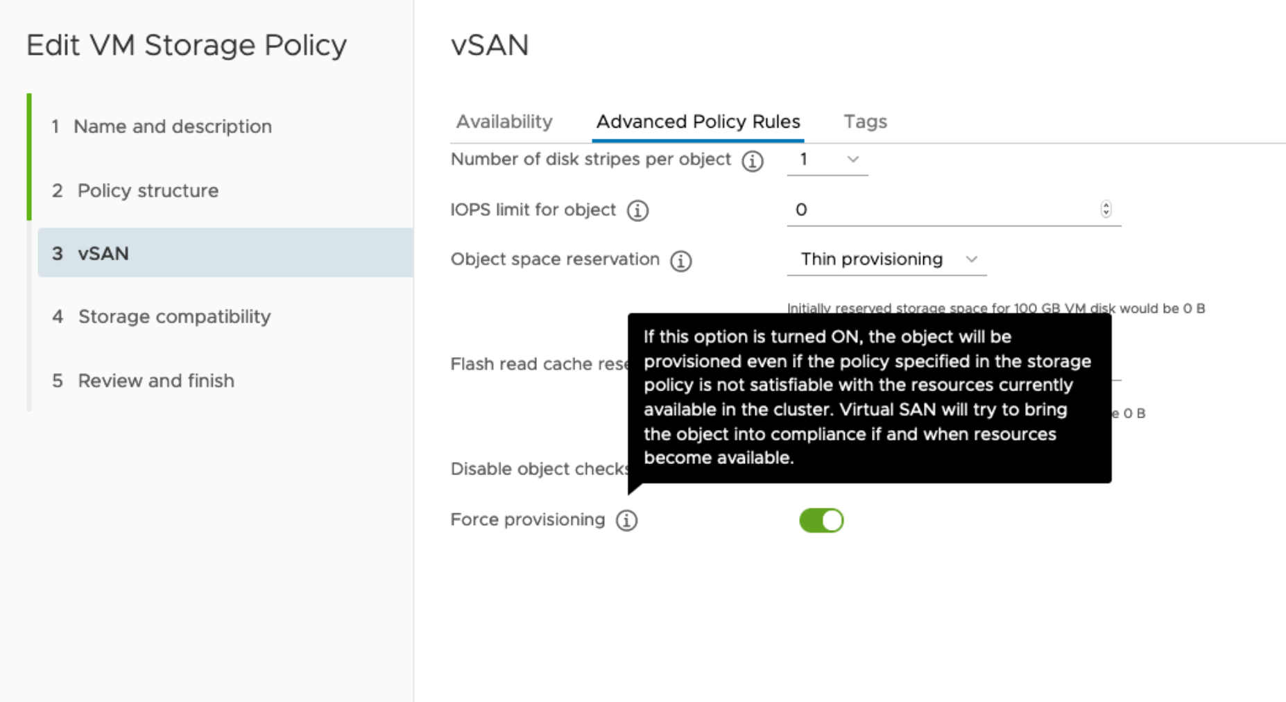 The screenshot shows the Force provisioning option on the Advanced Policy Rules tab.