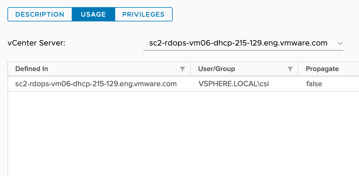 The screenshot shows the CNS-SEARCH-AND-SPBM role assignment for the vSphere object.