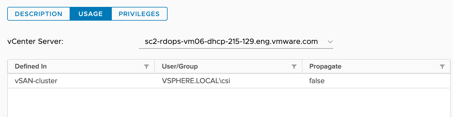 The screenshot shows the CNS-HOST-CONFIG-STORAGE role assignment for the vSphere object.