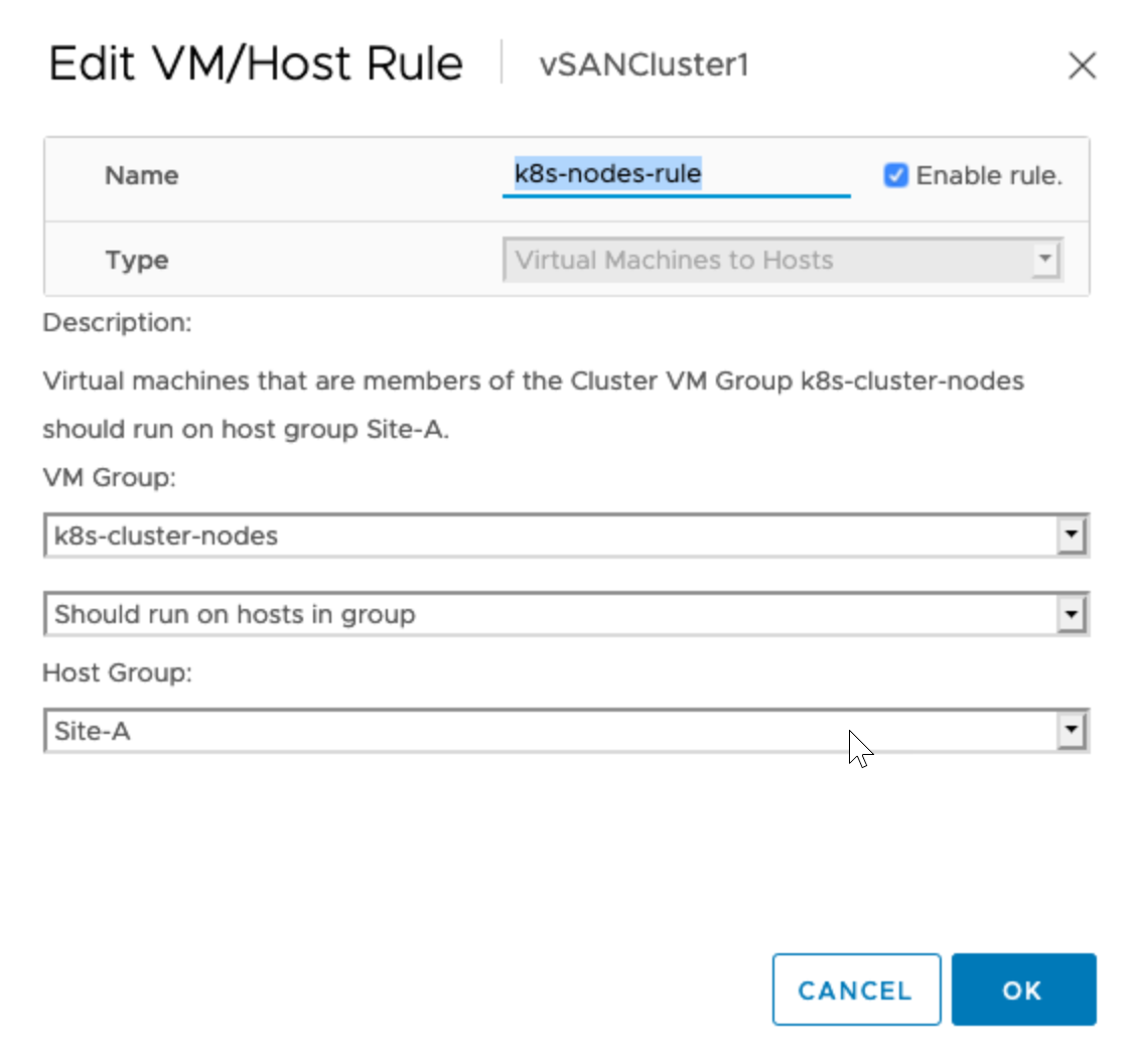The screenshot shows VM/Host Rule dialog box.