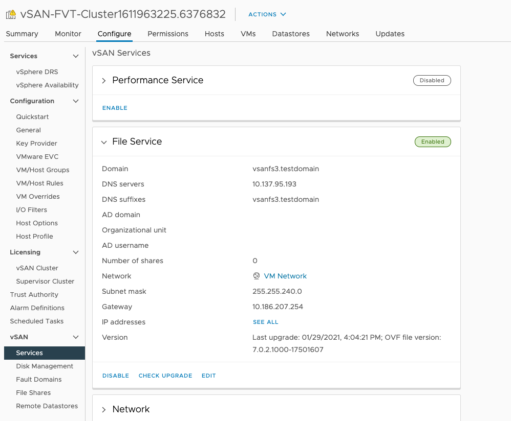 The screenshot shows the vSAN file service DNS configuration under the Configure tab of the vSAN cluster.