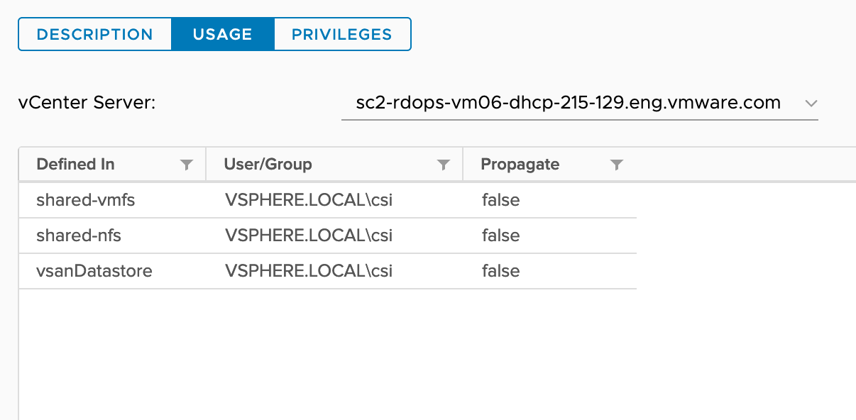 The screenshot shows the CNS-DATASTORE role assignment for vSphere objects.