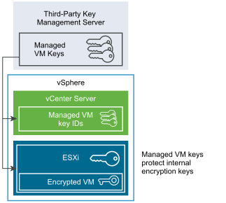 The key is stored in the KMS. vCenter Server retrieves the key, keeps only the key ID, and sends the key to the ESXi host. The ESXi host uses the KMS key to encrypt the internal key that is used for encryption.