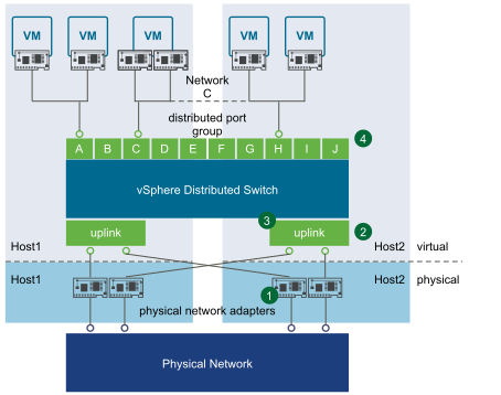 There are two hosts - Host 1 and Host 2. Both have a virtual and a physical layer. Both hosts share a vSphere distributed switch, which has distributed port groups labeled with letters from A through J. There are three virtual machines in the virtual layer of Host 1. The first two virtual machines are connected to port group A, while the third virtual machine has two network adapters, one of which is connected to port group C, and the other one is connected to the virtual layer of Host 2 through Network C. Host 2 has two virtual machines both of which are connected to port group H and Network C. Both hosts have a physical layer with two network adapters connected to the vSphere distributed switch through uplinks on one side and a physical network on the other. One of the physical network adapters of each host is connected to the uplink of its host and the other physical network adapter is connected to the uplink of the other host. There are four numbers on the diagram. 1 is on the first uplink adapter of Host 2, while 2 represents the link to the distributed switch of Host 2, 3 represents the distributed switch itelf, and 4 represents the port groups of the distributed switch.