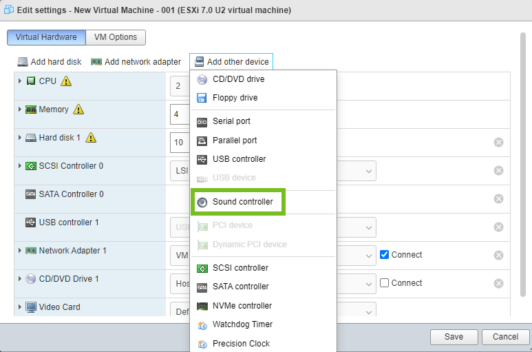 Add a Sound Controller in the VMware Host Client