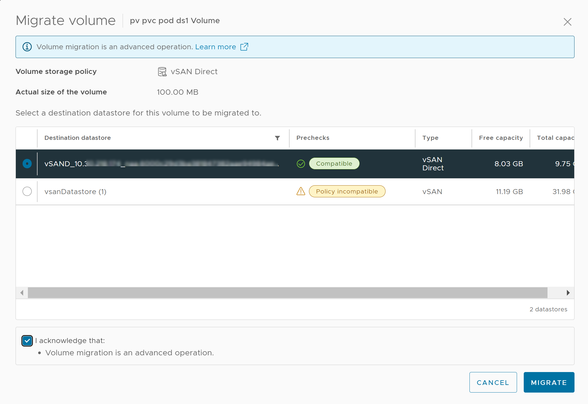 The list of target datastores on the Migrate volume page.