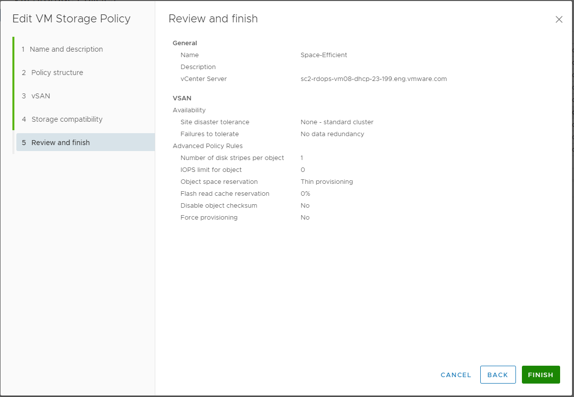 Review and finish page shows settings for Kubernetes storage policy.