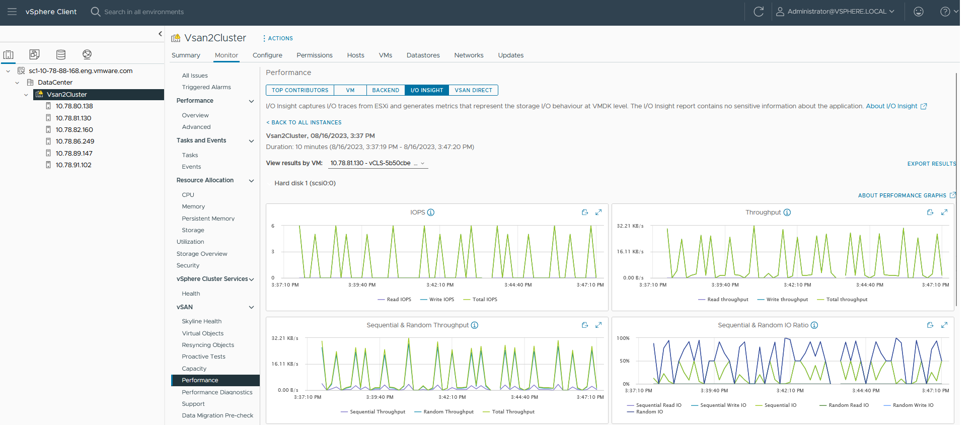 vSAN I/O Insight displays the metrics for the selected VM.