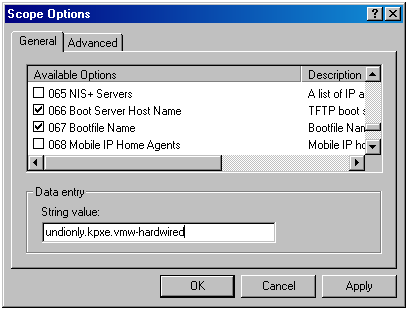 The 066 Boot Server Host Name and 067 Bootfile Name check boxes are selected. The file name has been entered in the String value field.