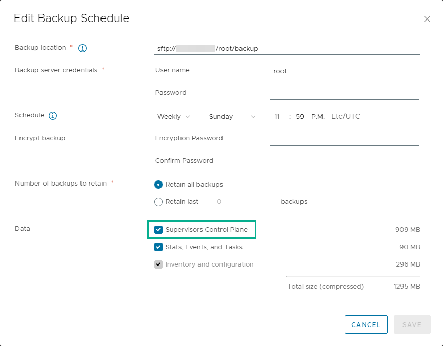 Supervisor control plane backup in vCenter Server backup schedule interface