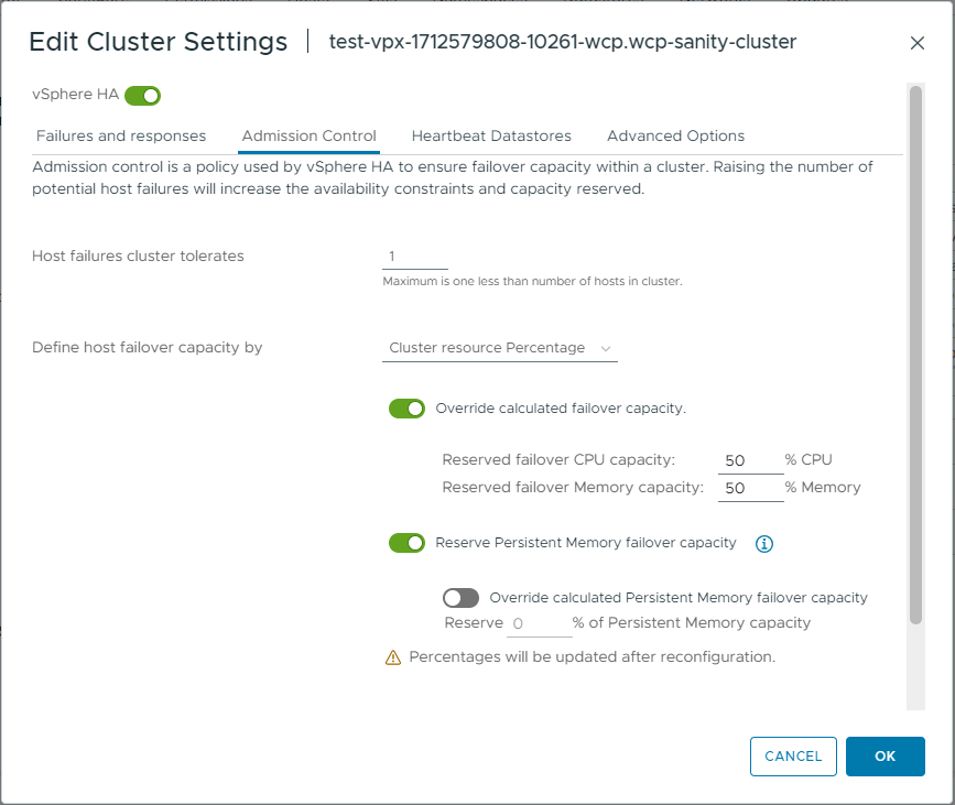 HA admission control settings