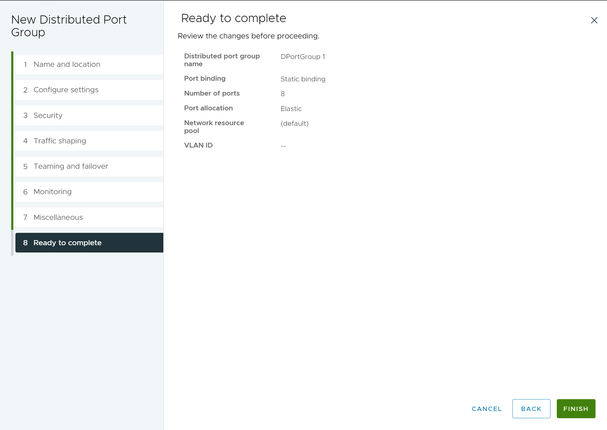 Distributed Port Group configuration summary