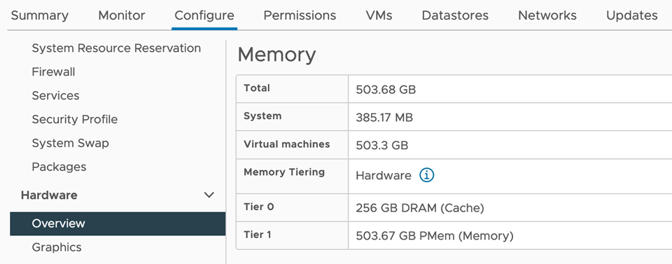 Screenshot shows the size of DRAM and PMEM under Configure and then Hardware and then Overview and then Memory.