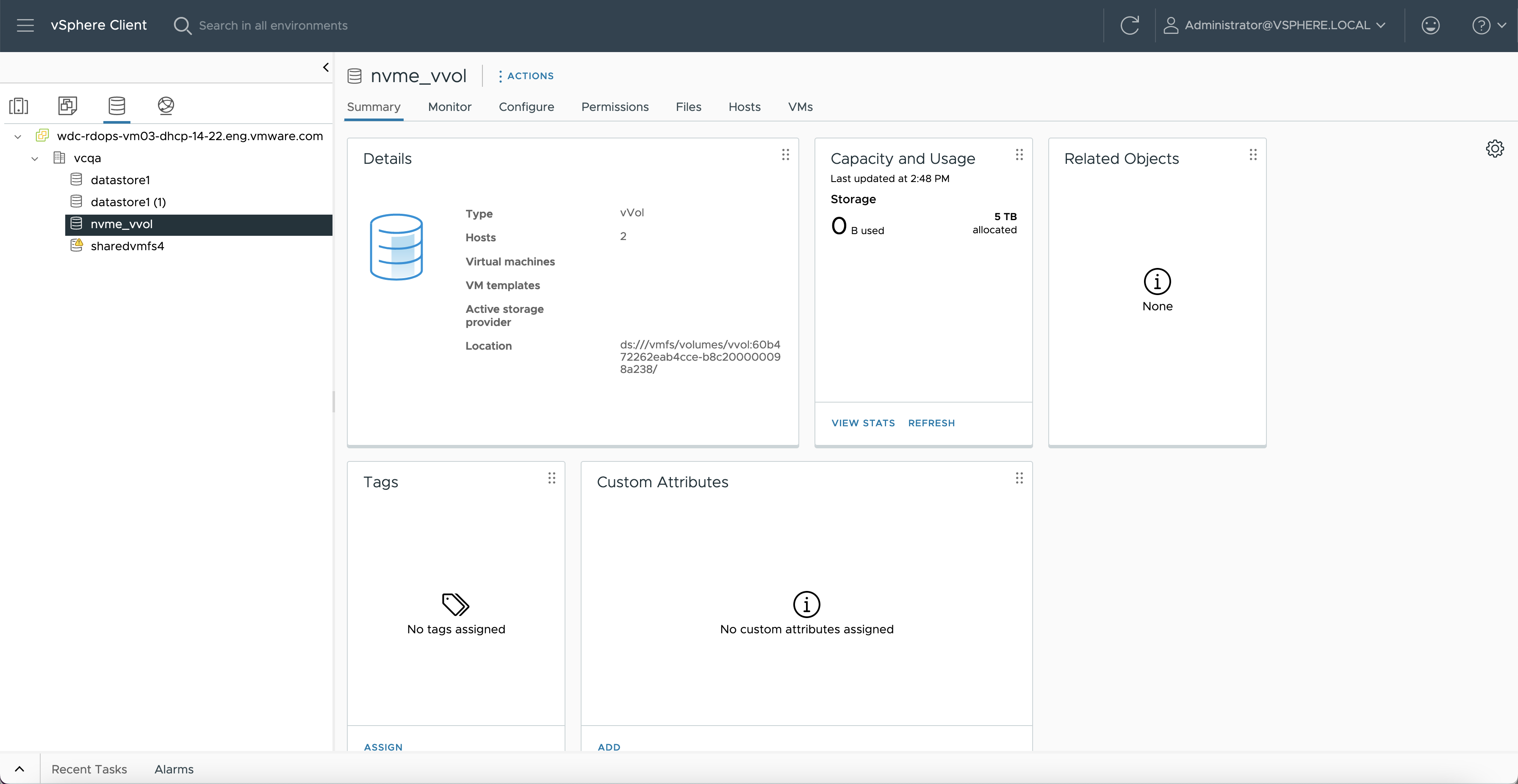 The screenshot shows the mounted Virtual Volumes datastore.