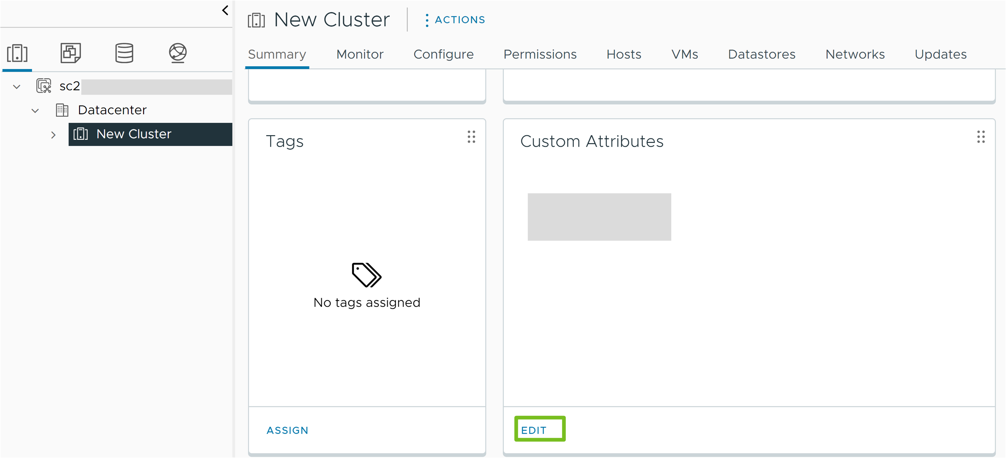 The summary tab of a cluster which includes a Custom Attributes card.