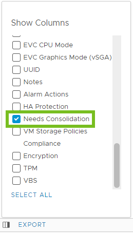 A screenshot that displays the Snapshot Consolidation Column