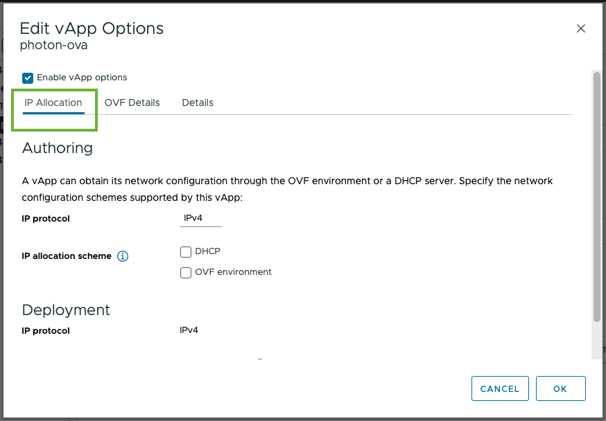 This screenshot shows the IP Allocation tab of the Edit vApp Options window.