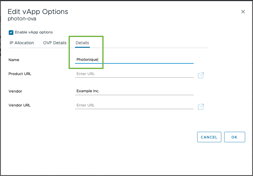 This screenshot shows the Details tab on the Edit vApp Options screen.