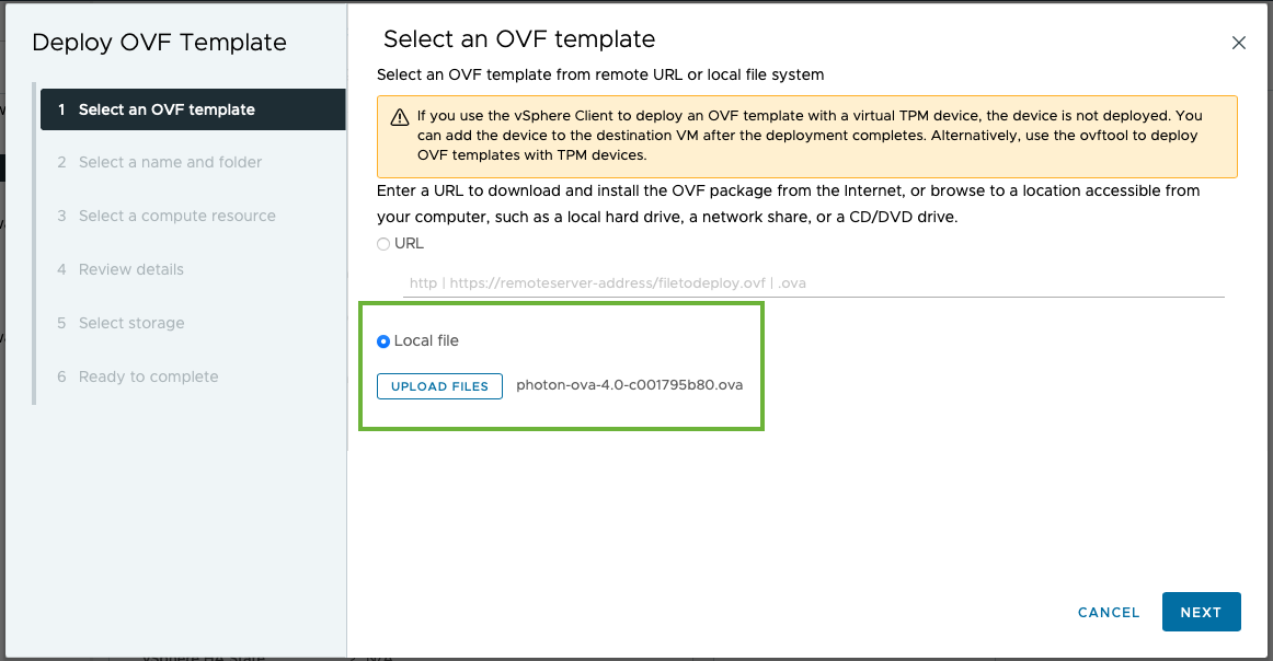 This screenshot shows the first page of the Deploy OVF Template wizard.