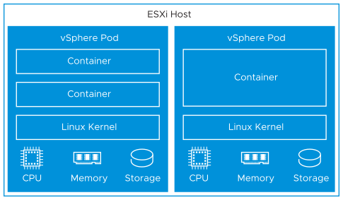 ESXi host containing two vSphere Pod boxes. Each vSphere Pod has containers running inside of it, a Linux kernel, memory, CPU, and storage resources.