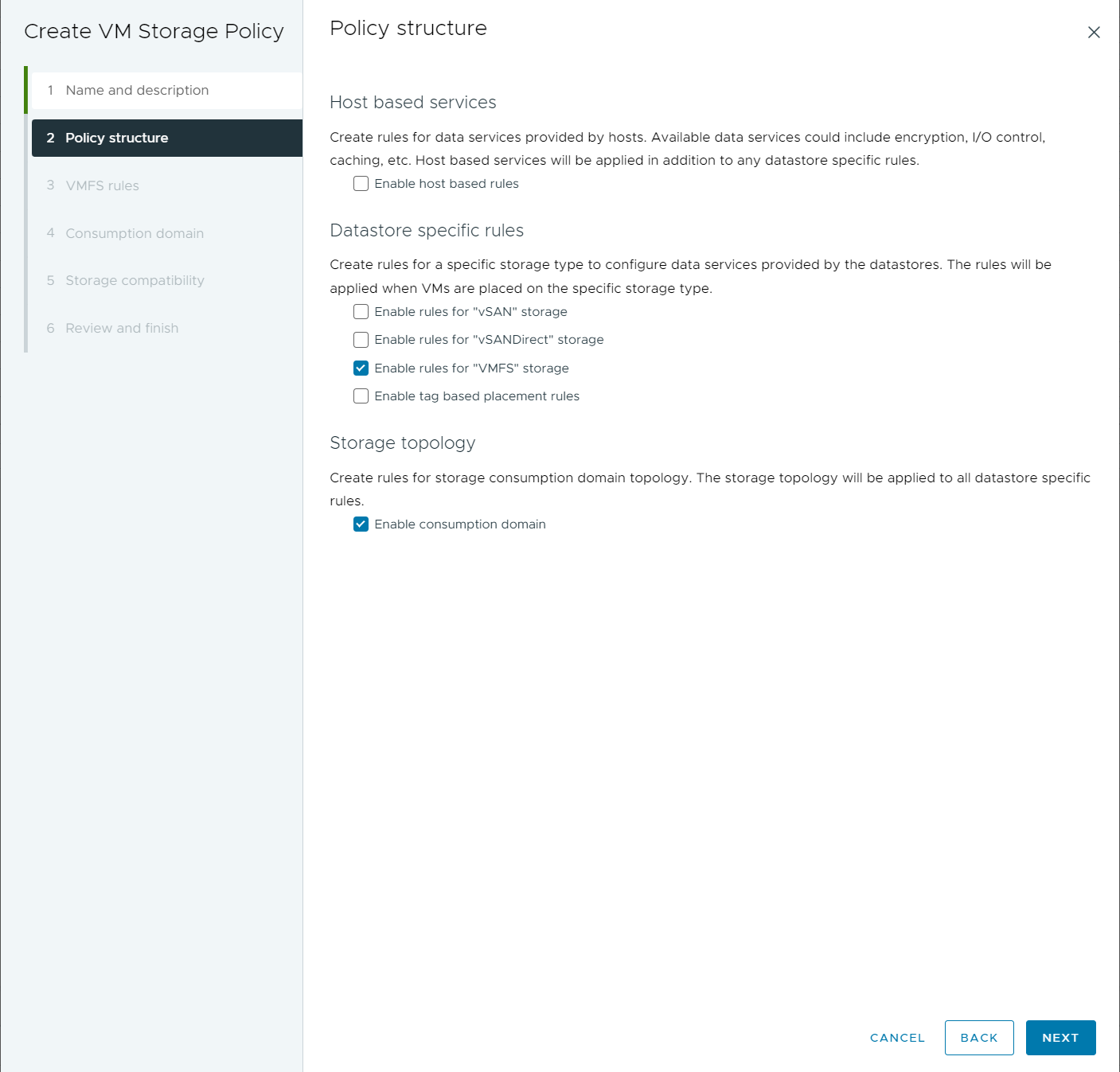 Policy structure page with Enable consumption domain check box selected