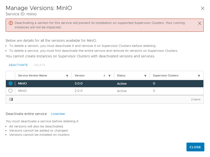 Options to deactivate a selected version or an entire service