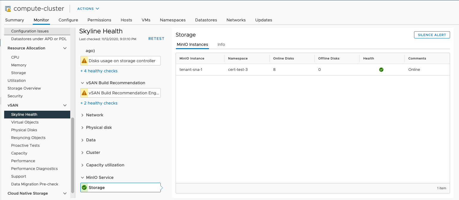 Monitor health of service instances on the vSAN Skyline Health page