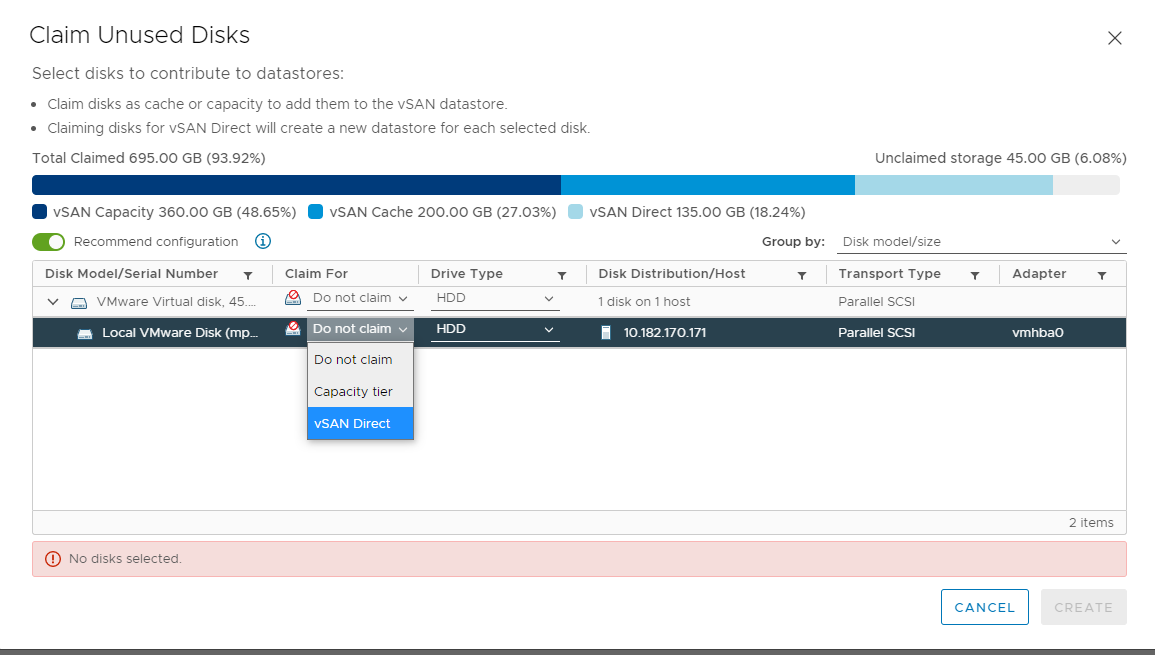 Claim unused disks by selecting a check box in the Claim for vSAN Direct column