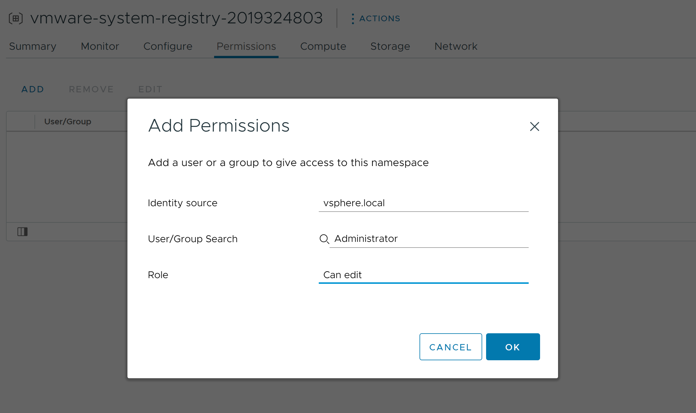 The dialog for adding the edit permission to the administrator account.
