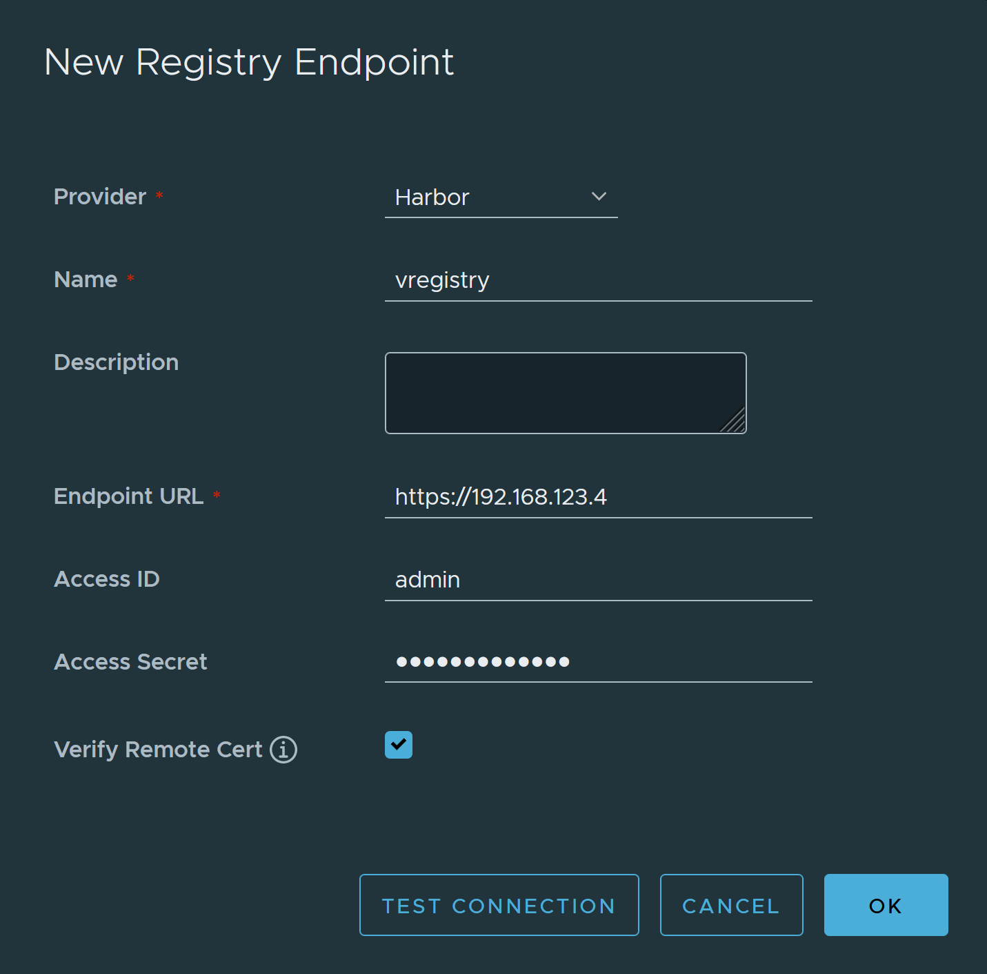 The New Registry Endpoint window populated with the data for the vRegistry URL and credentials