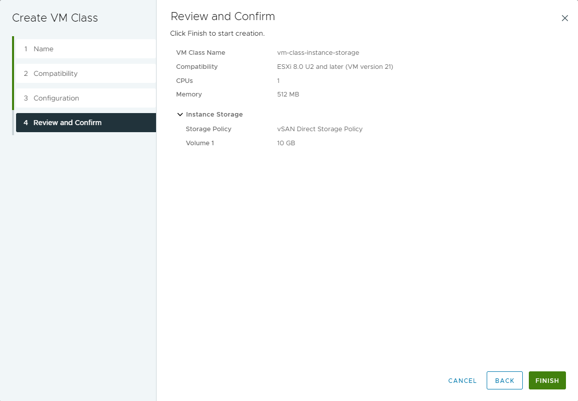 The Review and Confirm page shows details of the instance storage volume.