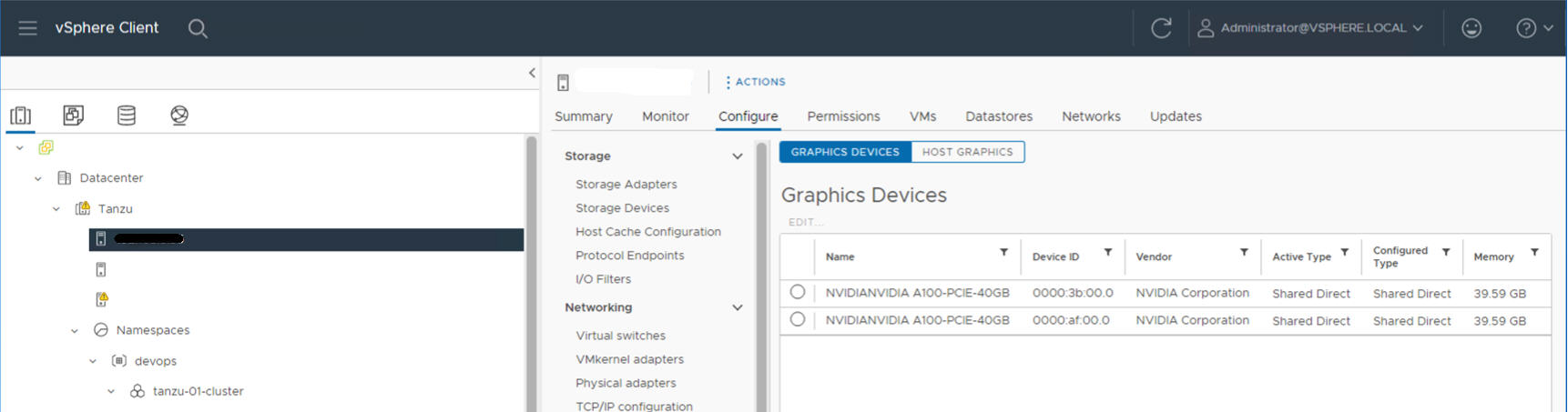 The Graphics Devices tab in the vSphere Client lists the NVIDIA GPU A100 devices.
