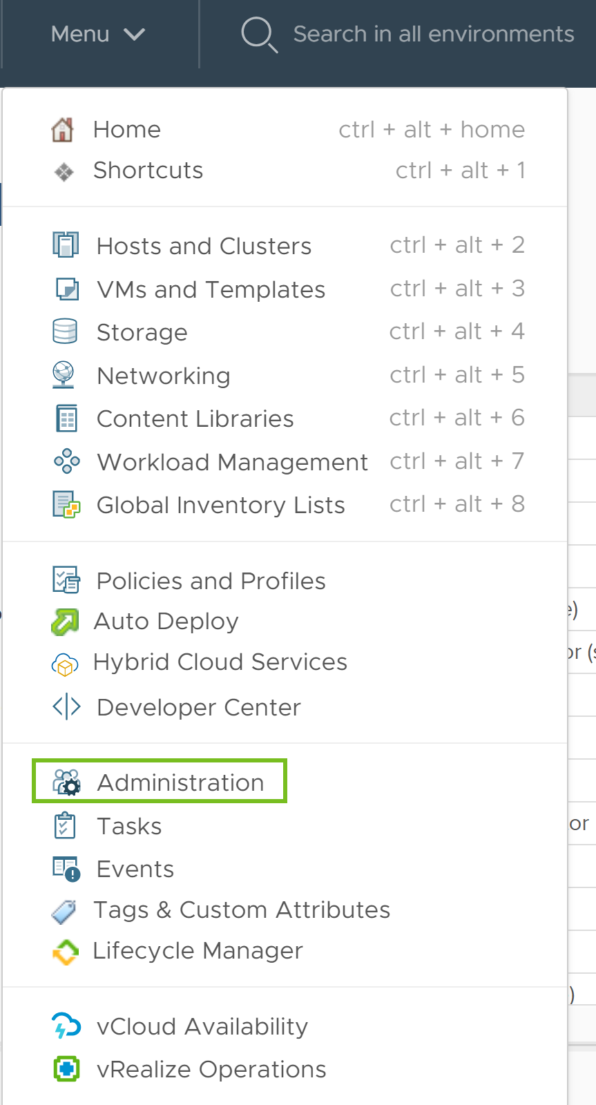 The screenshot shows the how to navigate to Administration in vSphere Web client.
