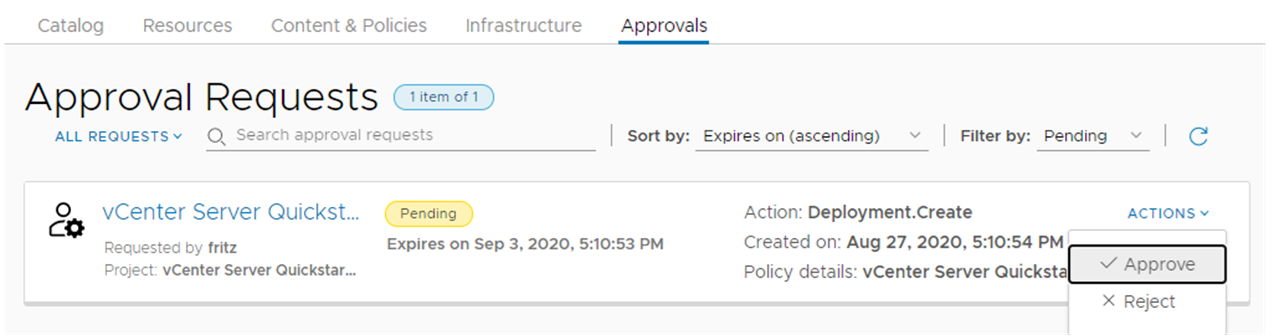 Service Broker Approvals tab. The action to approve the request is open and highlighted.