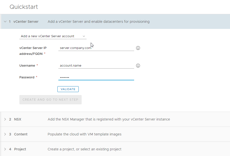 Add your vCenter Server credentials to the Quickstart