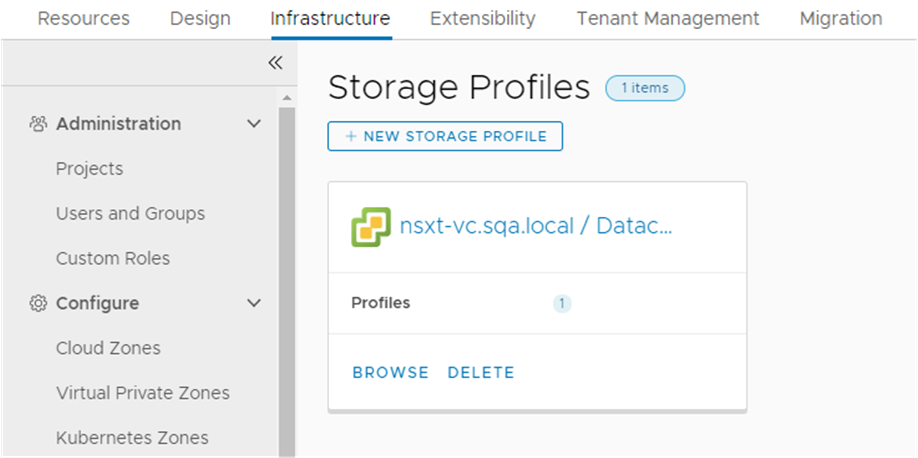 Storage profile created by the Quickstart