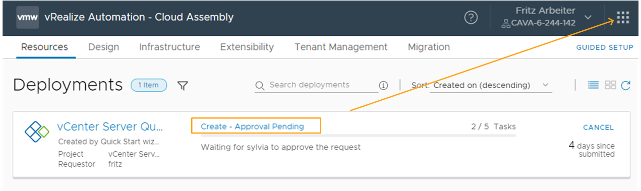 Cloud Assembly deployment with a pending approval policy.