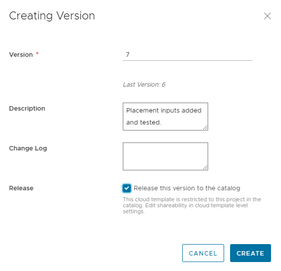 Creating version dialog box with a version number, description, and the Release check box selected.