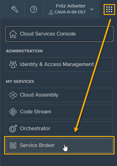 The application menu in the upper right of the page is open and Service Broker is highlighted.