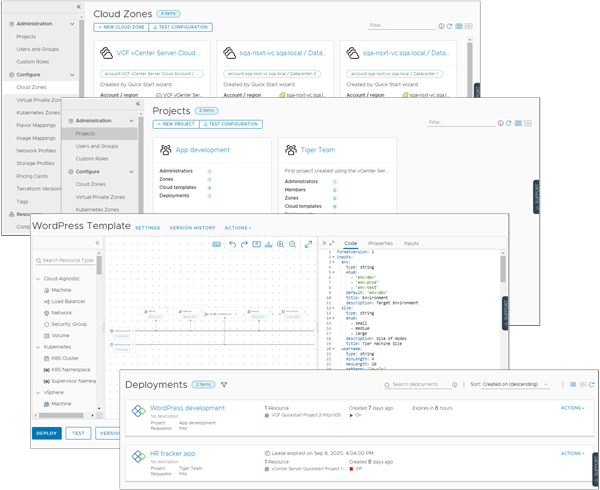 Sample screenshots of cloud templates and deployments.