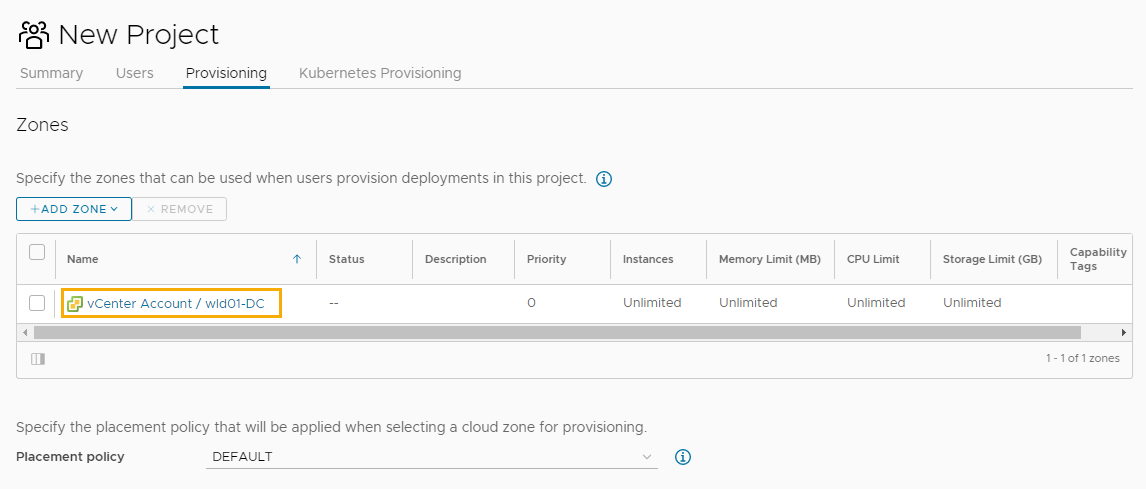 Screenshot of the project provisioning zones.