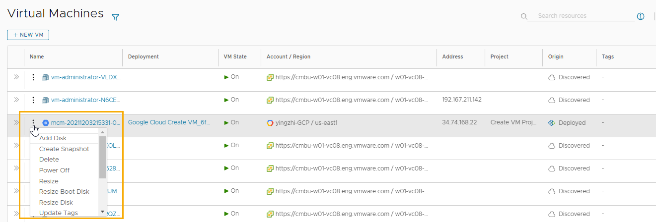 Screenshot of the day 2 actions that are available for a particular virtual machine.
