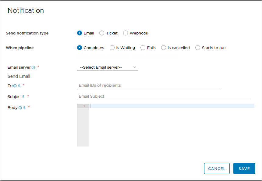 When you add an email notification, you select one of the pipeline states, and select the Email server and recipients.