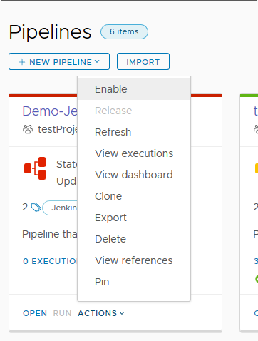 In the Actions menu on the pipeline card, you must enable the pipeline before you can run it.