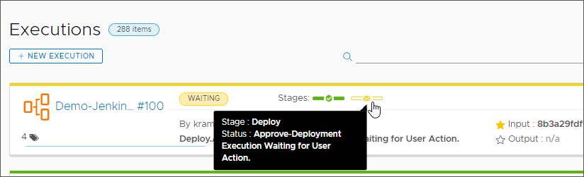 A pipeline that ran and is waiting for approval displays the waiting status next to Stages.
