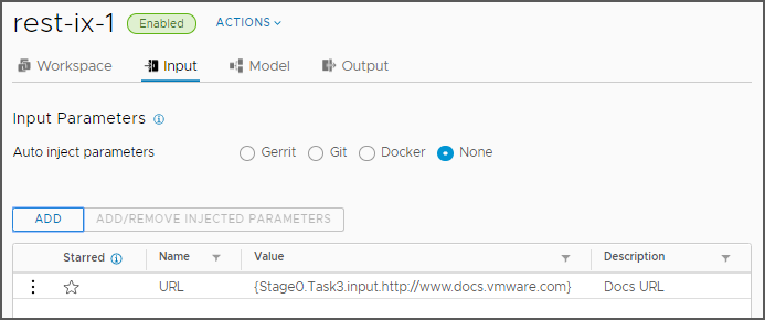 The Input tab on the pipeline displays selections for Gerrit, Git, and Docker input parameters, and lists the available parameters for each selection.